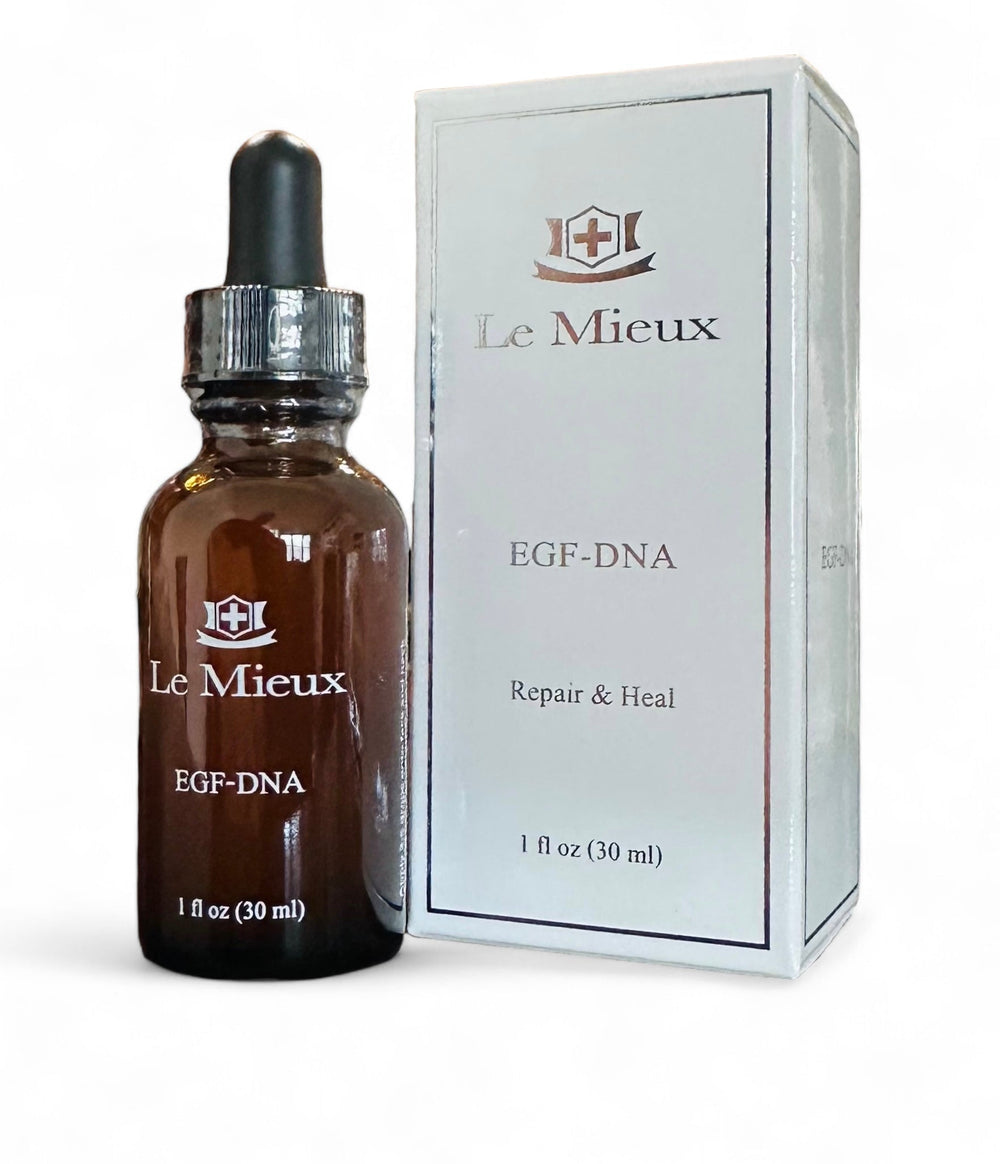 Le Mieux EGF-DNA Serum in a 1 fl oz bottle, featuring a clear liquid for facial rejuvenation and hydration.