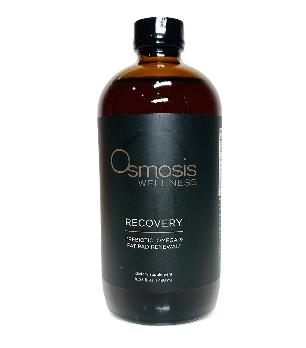 Osmosis Beauty Recovery Probiotic supplements with omega and fat pad renewal ingredients in a sleek bottle.