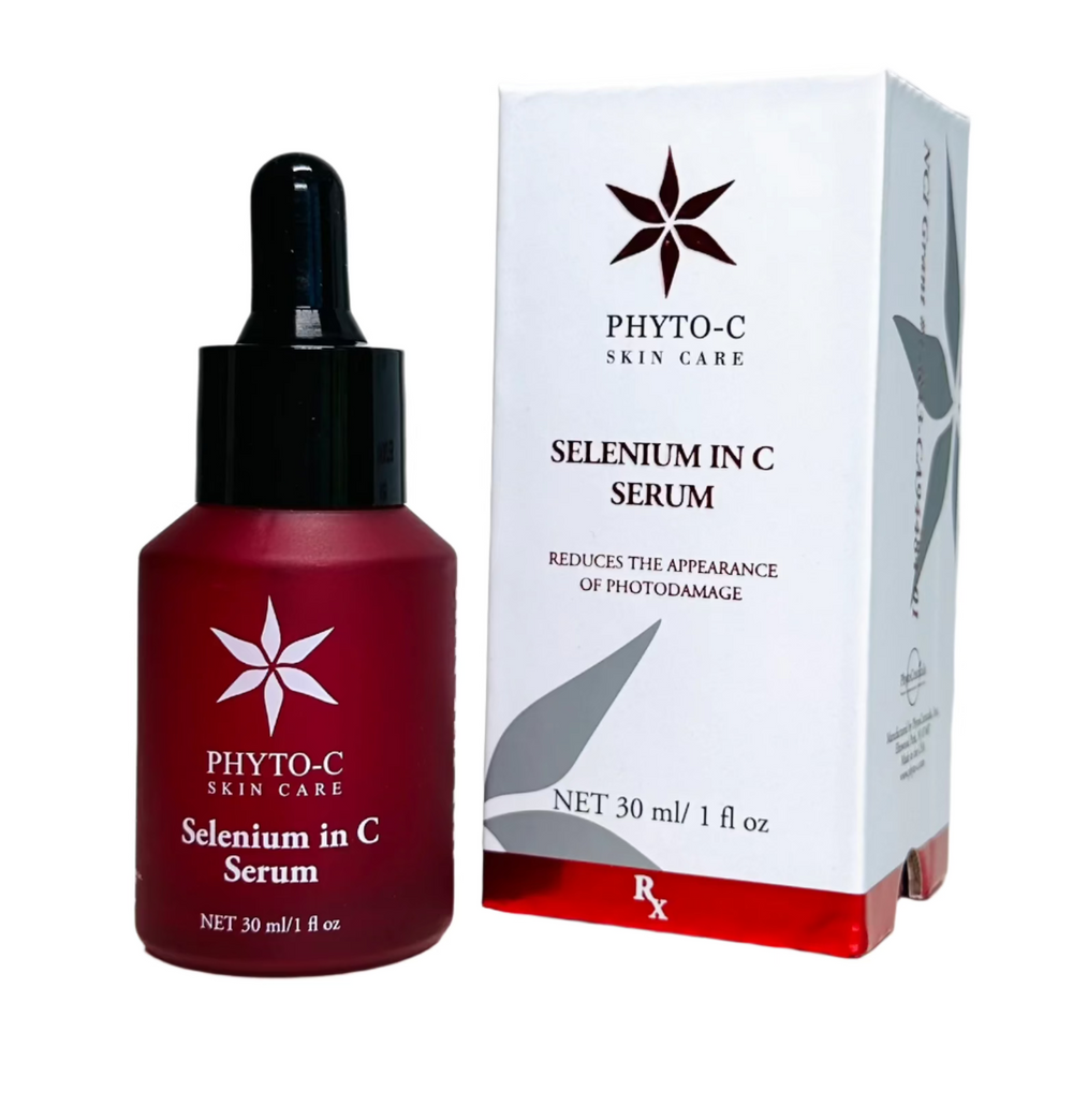 Phyto-C Skin Care Selenium in C Serum 30 ml bottle with a dropper, showcasing its amber liquid and sleek design.