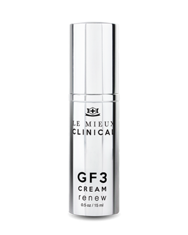 Le Mieux Clinical GF3 Cream Renew 0.5oz in a jar, showcasing a rich, creamy texture for facial rejuvenation.