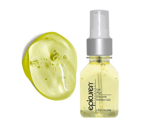 Epicuren Discovery Gel Plus Enzyme Protein Gel in a clear bottle, showcasing its gel texture and sleek design.