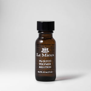 Le Mieux 5% Glyco Polymer Solution exfoliant in a 0.5 oz bottle, featuring clear liquid with a dropper cap.