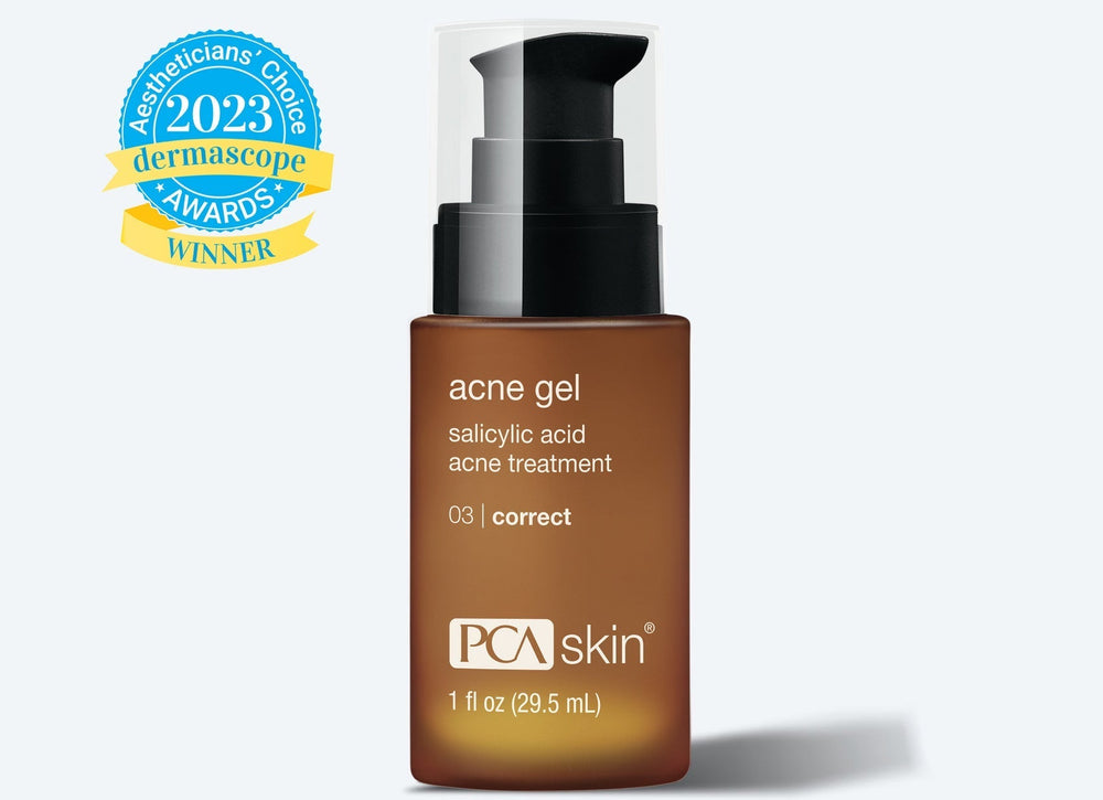 PCA Skin Acne Gel 1 fl oz in a bottle, designed for treating acne with a clear gel formula.