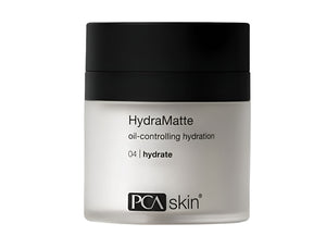 PCA Skin HydraMatte oil-controlled hydration gel in a white jar with black lid, labeled 1.8 hydrate.