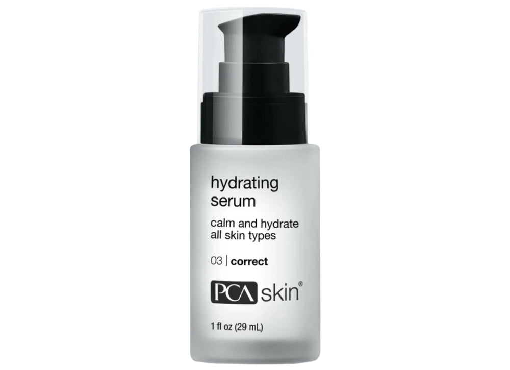 A bottle of PCA Skin Hydrating Serum, 1 fl oz, with a white and silver label, indicating it contains 0.1% vitamin C and is suitable for all skin types.