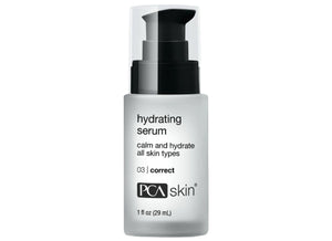 A bottle of PCA Skin Hydrating Serum, 1 fl oz, with a white and silver label, indicating it contains 0.1% vitamin C and is suitable for all skin types.