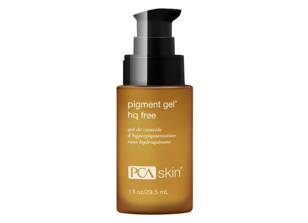PCA Skin Pigment Gel HQ Free in a yellow bottle with a black pump, labeled as a spot treatment serum.