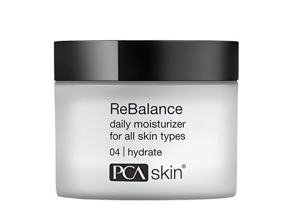 A white jar of PCA Skin ReBalance Daily Moisturizer for all skin types with a 1.7 oz label.