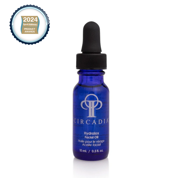 Circadia Hydralox Facial Oil gel cleanser in a clear bottle with a pump dispenser, showing the product label and packaging.