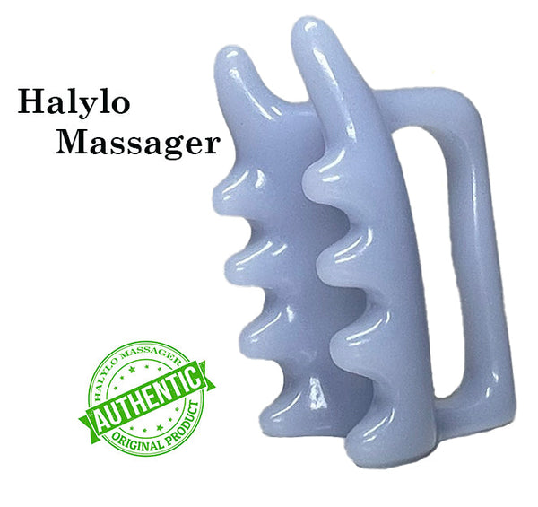 Light blue Halylo fascia facial and body massage tool for chin and G-types, showcasing ergonomic design and texture.