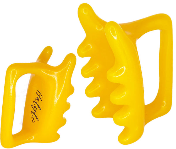 Halylo yellow fascia massage tool for facial and body use, showcasing G-types design and ergonomic shape.