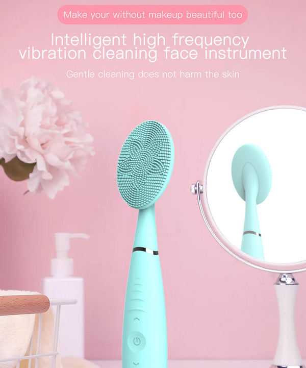 Halylo pink sonic facial cleansing brush for deep cleaning and massage, showcasing soft bristles and ergonomic design.