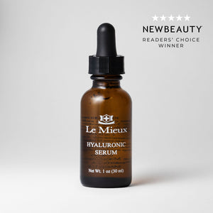 Le Mieux Hyaluronic Serum in a 1oz bottle, featuring clear liquid serum with a dropper cap for hydrating skincare.