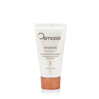 Osmosis Beauty HYDRATE Plumping Moisturizer in a 50mL jar with a smooth, creamy texture for hydration.