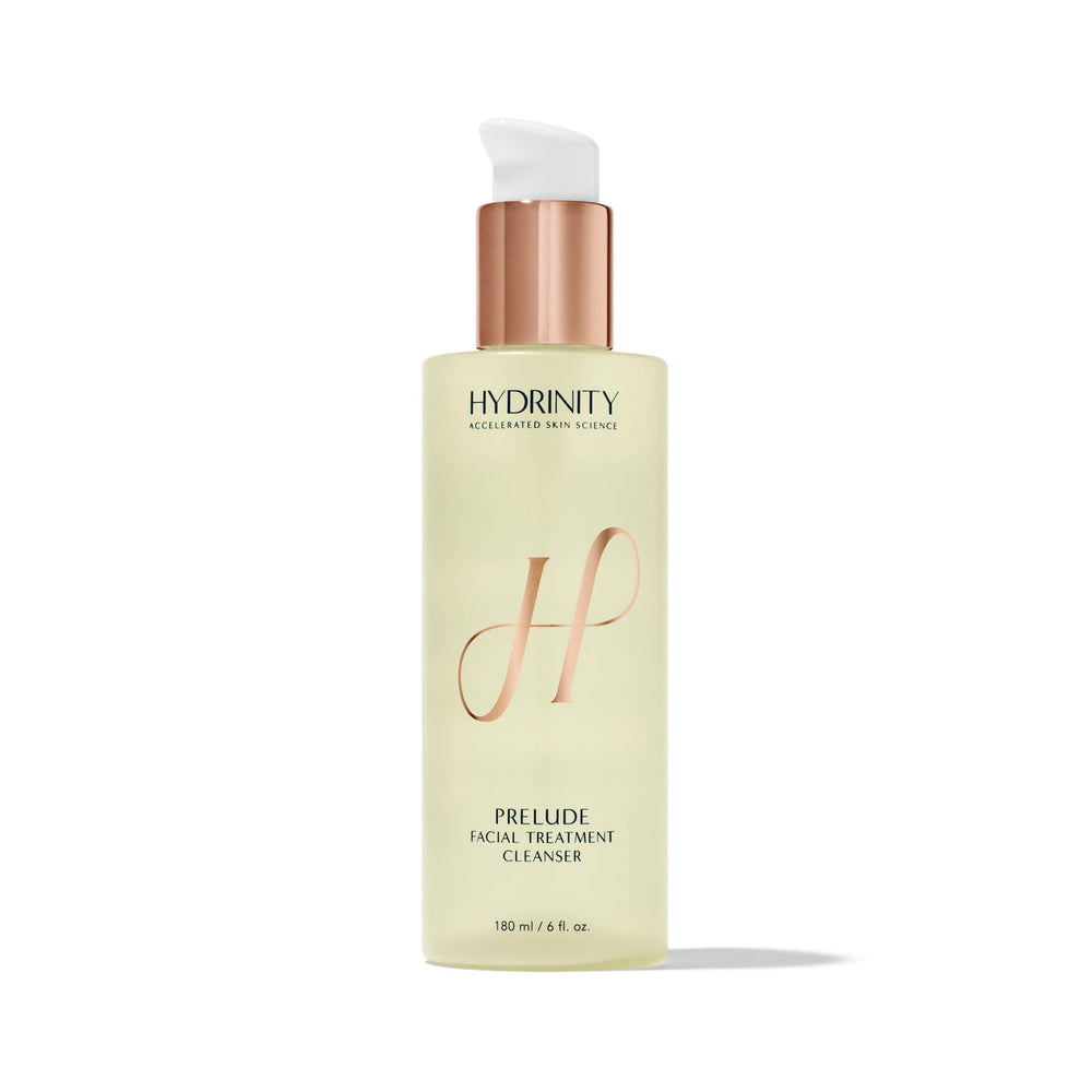 Hydrinity Prelude Facial Treatment Cleanser in a sleek bottle, showcasing a creamy texture for effective cleansing.