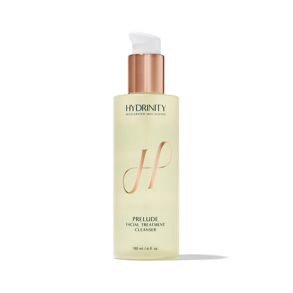 Hydrinity Prelude Facial Treatment Cleanser in a sleek bottle, showcasing its creamy texture and refreshing formula.