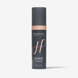 Hydrinity RetaXome Daily Retinal Hydrator in a grey jar, a skincare product for nightly retinal treatment and hydration.