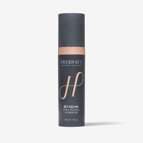 Hydrinity RetaXome Daily Retinal Hydrator in a grey jar, a skincare product for nightly retinal treatment and hydration.