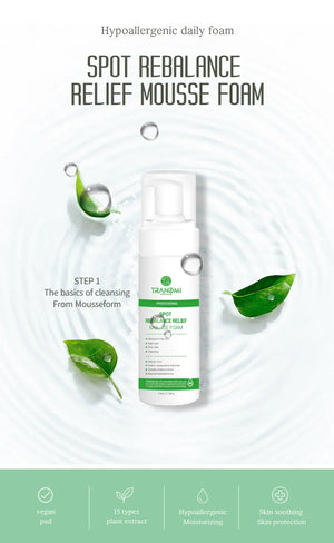 Tov Beauty Trandmi Spot Rebalance Relief Mousse Foam in a pump bottle, showcasing its light, airy texture against a white backdrop.