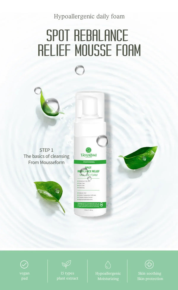 Tov Beauty Trandmi Spot Rebalance Relief Mousse Foam in a pump bottle, showcasing its light, airy texture against a white backdrop.