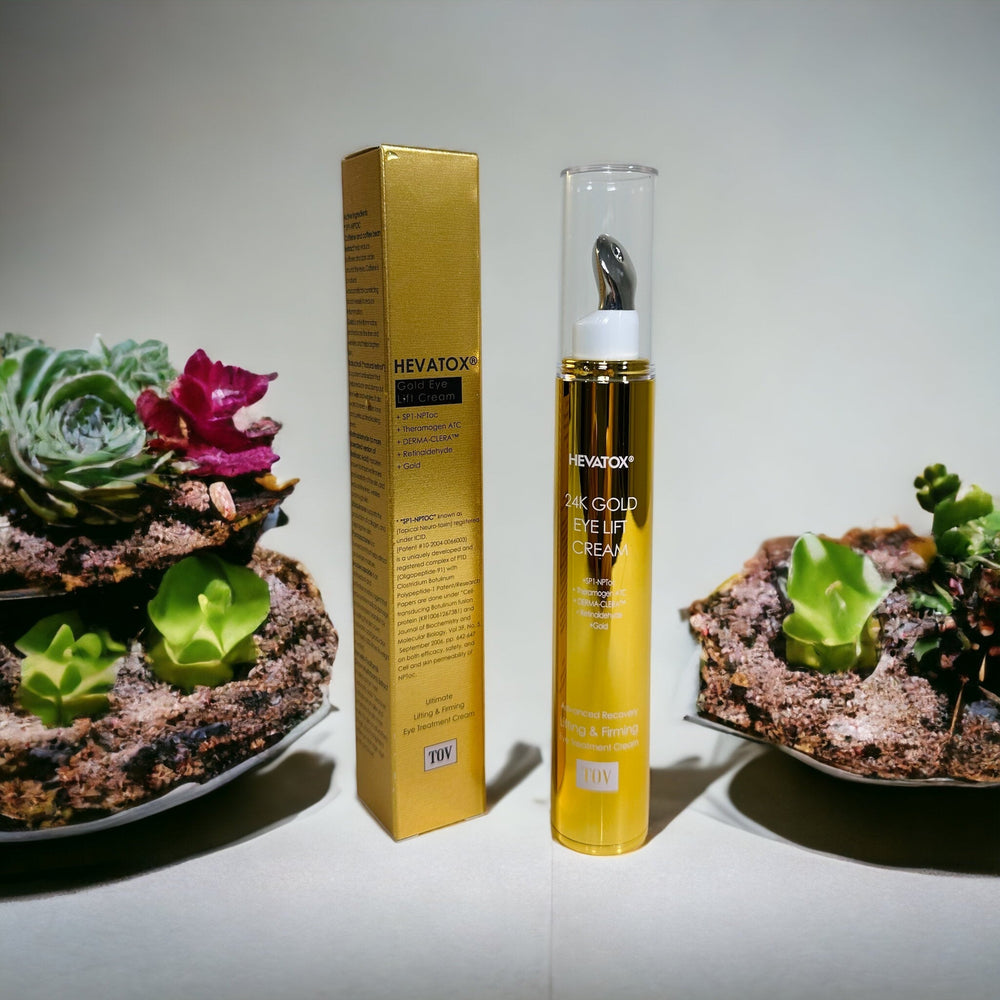 TOV Hevatox Gold Eye Lift Cream jar with a gold lid, showcasing the luxurious texture of the cream inside.