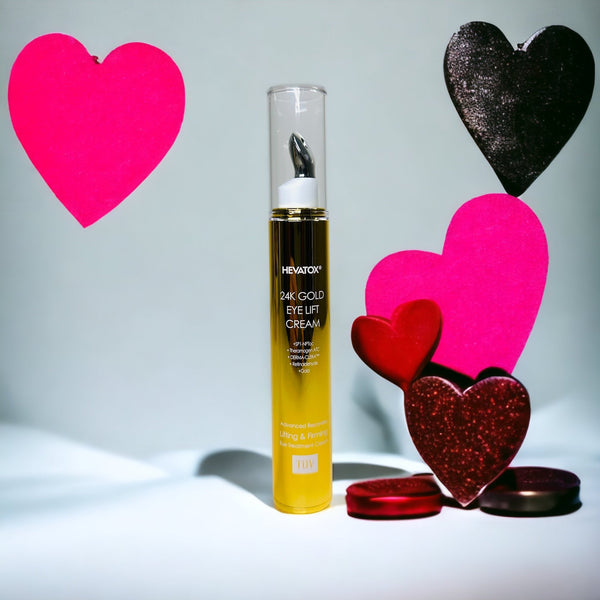 TOV Hevatox Gold Eye Lift Cream in a sleek jar, showcasing its luxurious gold packaging and smooth texture.