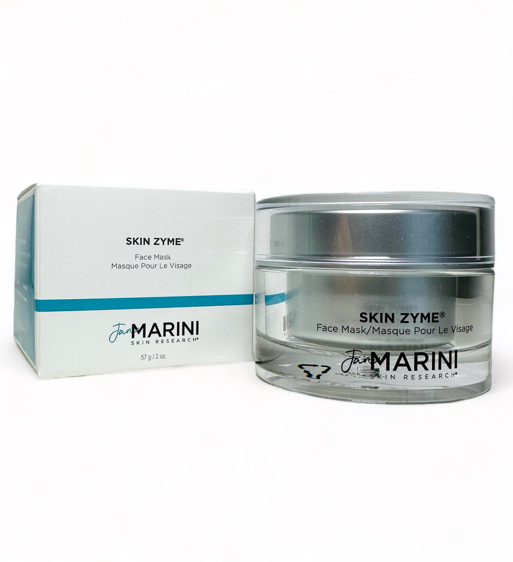 Jan Marini Skin Zyme enzyme mask in a jar with a textured surface, showcasing its creamy consistency and vibrant packaging.