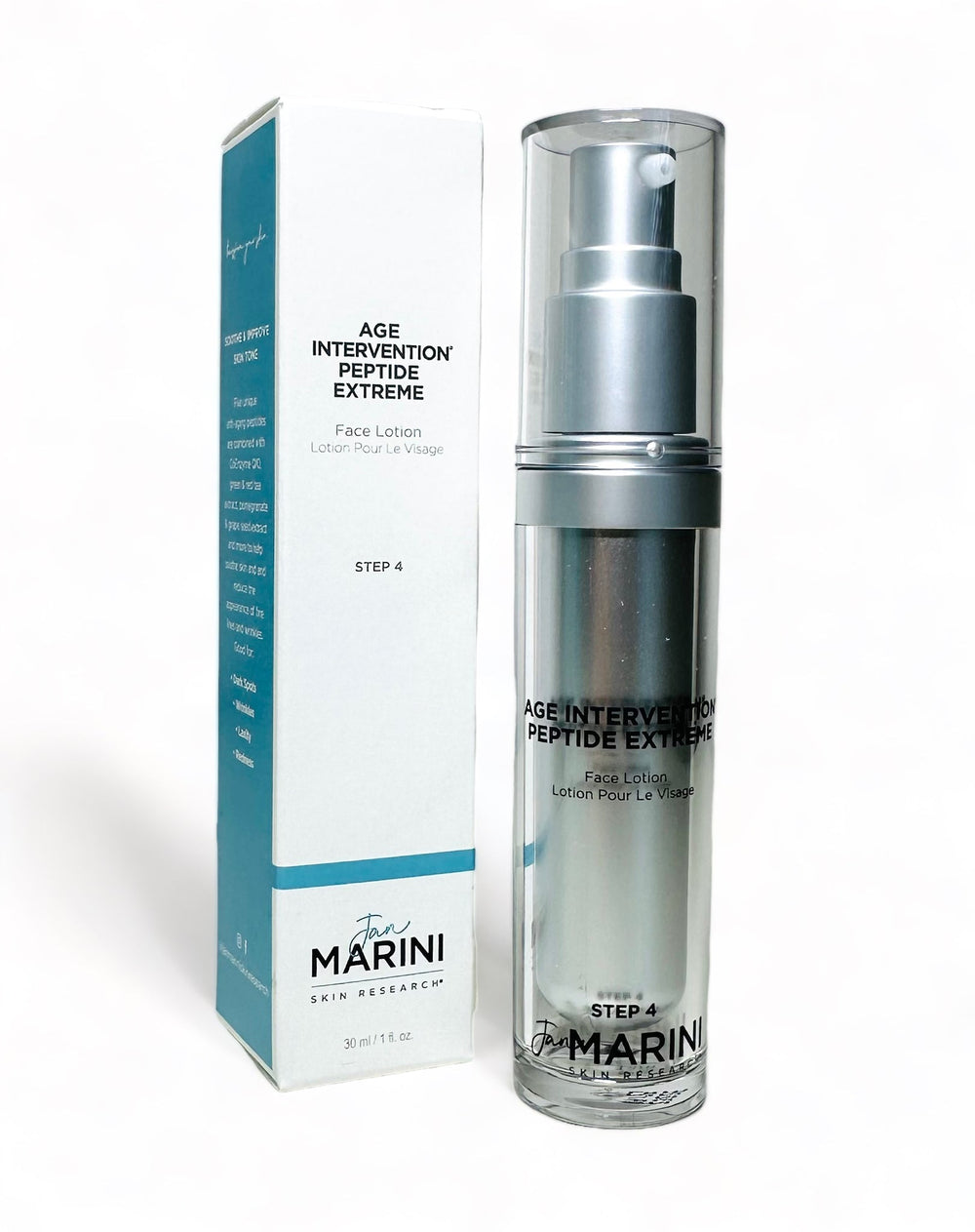 Jan Marini Age Intervention Peptide Extreme for reducing dark spots in a sleek, modern jar design.