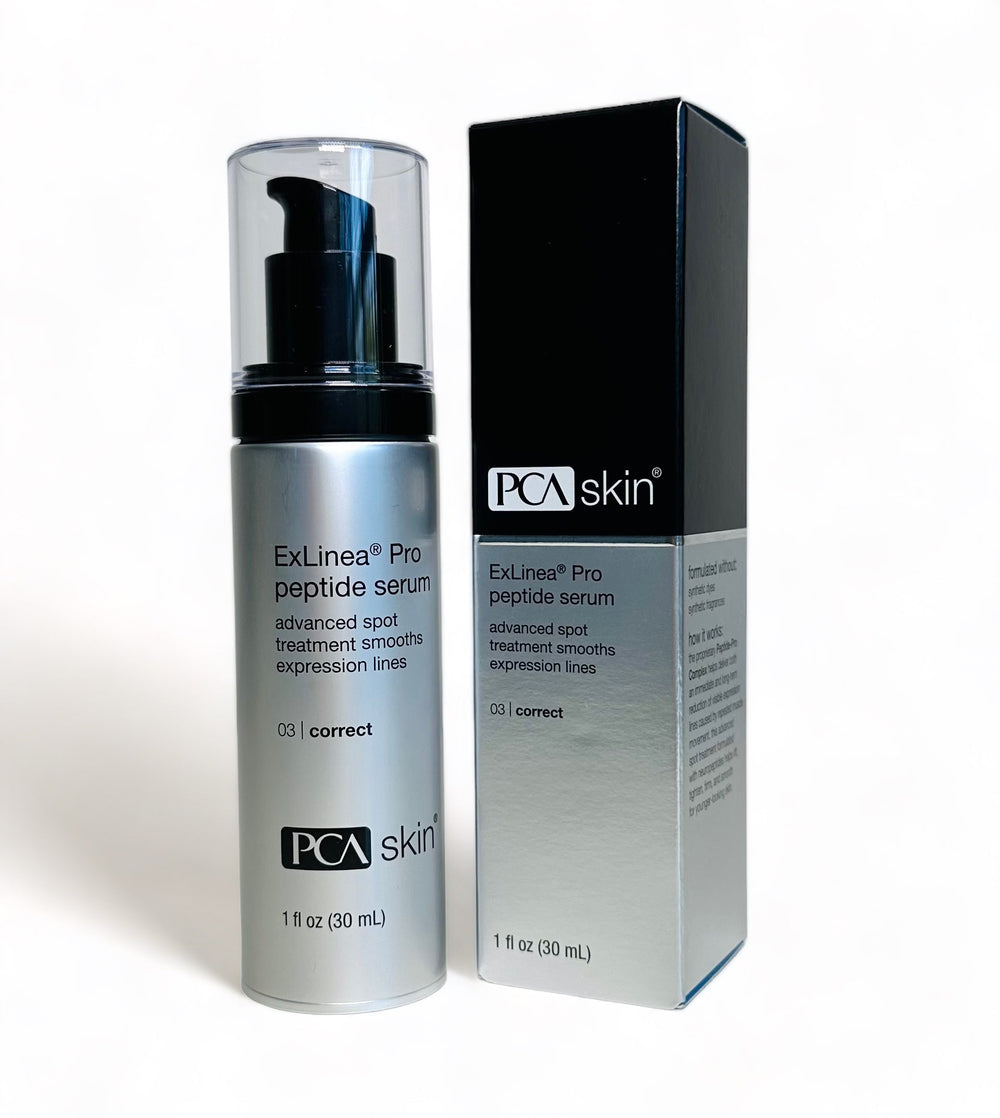 PCA Skin ExLinea Pro Peptide Serum bottle with a dropper, showcasing its sleek design and 1 fl oz size.