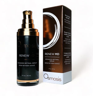 Osmosis Beauty Renew MD Advanced Retinal Serum in a sleek bottle with a dropper, set against a neutral background.