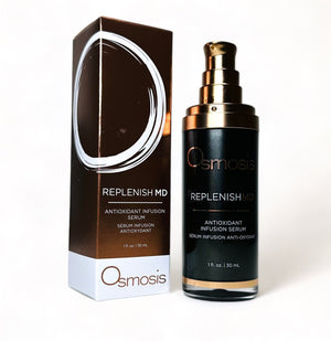 Osmosis Beauty Replenish MD Antioxidant Infusion Serum in a dropper bottle with a clear liquid inside.