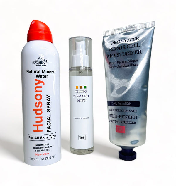 Tov Beauty facial mask set featuring HOP+ Promoter Repair Cell Moisturizer and Pilleo Stem Cell Mist with Hudsony Facial Spray.