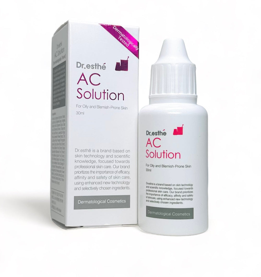 Dr. Esthe AC Solution 30ML bottle for anti-inflammatory skin treatment, featuring a sleek design and clear label.