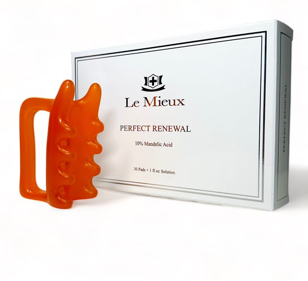 Le Mieux Swipe and Glow Perfect Renewal exfoliant with included fascia face massager displayed on a clean background.