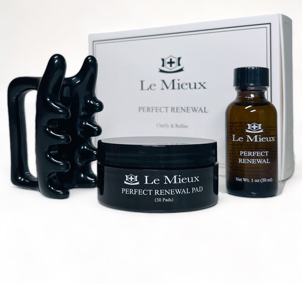 Le Mieux Swipe and Glow exfoliant with a free fascia face massager, showcasing product packaging and massager in the image.