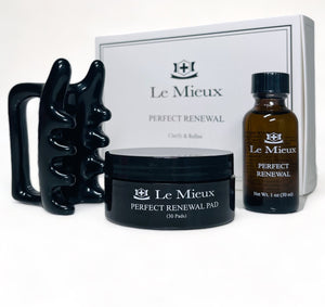 Le Mieux Swipe and Glow exfoliant with a free fascia face massager, showcasing product packaging and massager in the image.