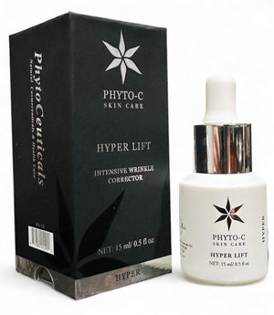 Phyto-C Skin Care HYPER-Lift bottle with sleek design and label, showcasing skincare for lifting and firming.