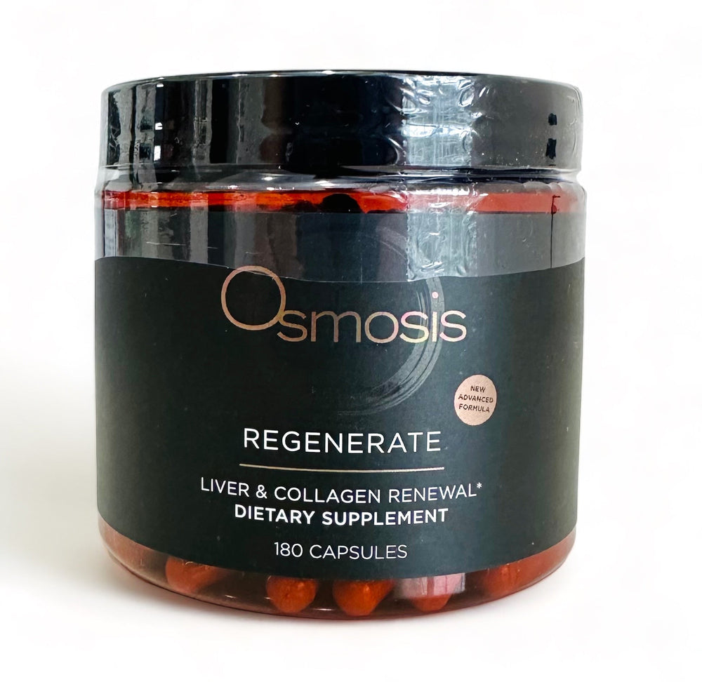 Osmosis Beauty Regenerate Liver & Collagen Renewal vitamins in a bottle with a label featuring the new Advacend formula.