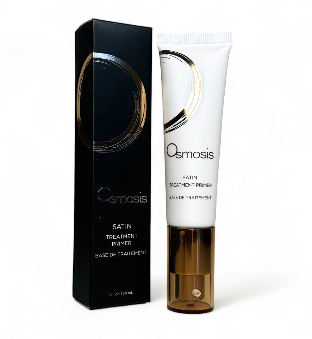 Osmosis Beauty Satin Treatment Primer serum in a sleek bottle, showcasing its smooth, satiny texture and elegant design.