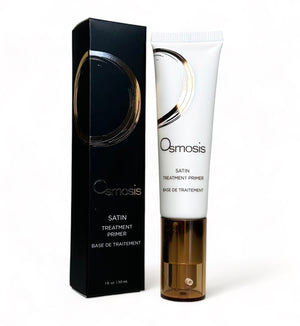 Osmosis Beauty Satin Treatment Primer serum in a sleek bottle, showcasing its smooth, satiny texture and elegant design.