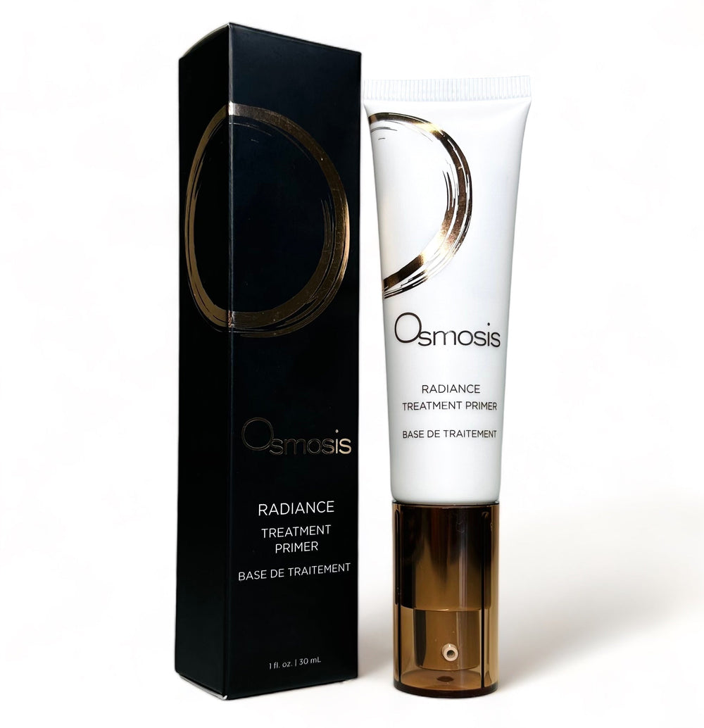 Osmosis Beauty Radiance Treatment Primer serum in a sleek bottle with a dropper, showcasing its rich, luminous texture.