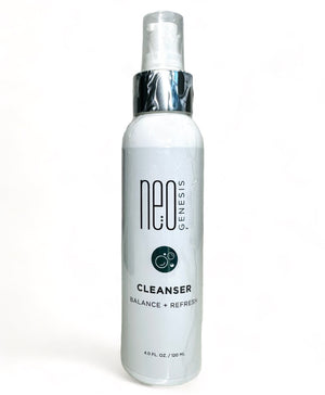 NeoGenesis Cleanser in a sleek bottle with a pump, featuring a clear liquid and minimalistic label design.