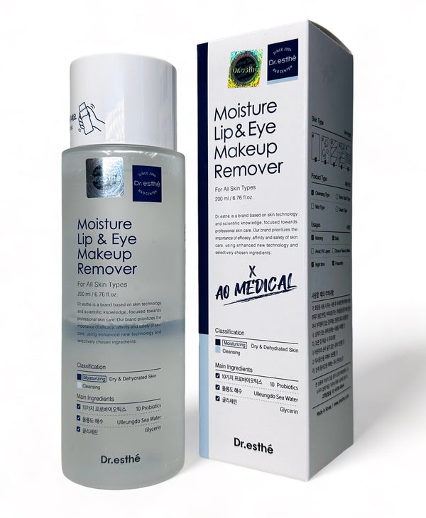 Dr. Esthe Moisture Lip & Eye Makeup Remover 200ml bottle with a sleek design, ideal for gentle makeup removal.