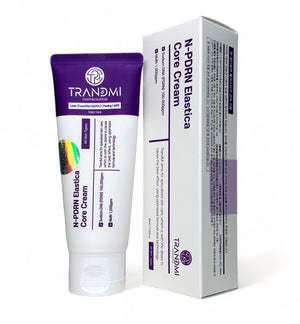 Tov Beauty Trandmi N-PDRN Elastica Core Cream in a jar, showcasing its creamy texture and elegant packaging.