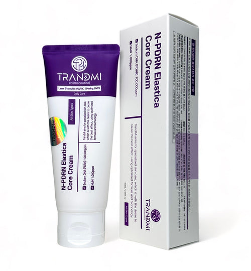 Tov Beauty Trandmi N-PDRN Elastica Core Cream in a jar, showcasing its creamy texture and elegant packaging.