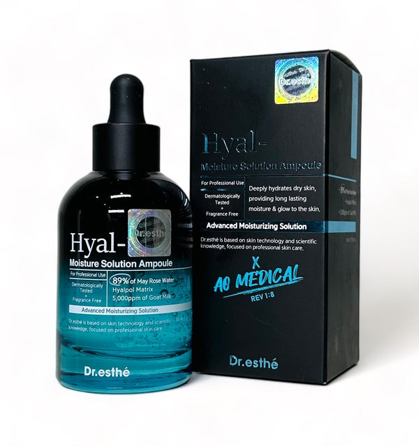 Dr. Esthe Hyal Moisture Solution Ampoule 50ml in a clear bottle, showcasing its hydrating formula for skin moisture.