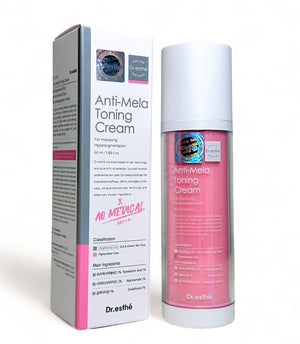 Dr. Esthe Anti-Mela Toning Cream 50ml in a jar, showcasing the cream's smooth texture and elegant packaging.