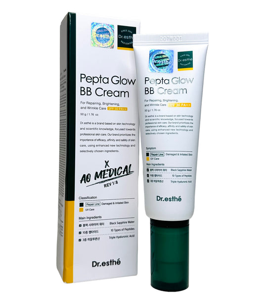Dr. Esthe Pepta Glow BB Cream in a 50ml tube, featuring a smooth, creamy texture and a natural glow finish.