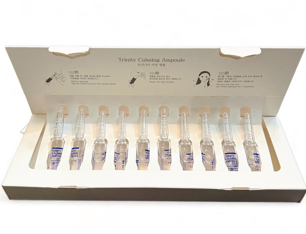 Skinbolic Trinity Calming Ampoule set featuring 10 x 2ml vials for soothing skincare treatment.