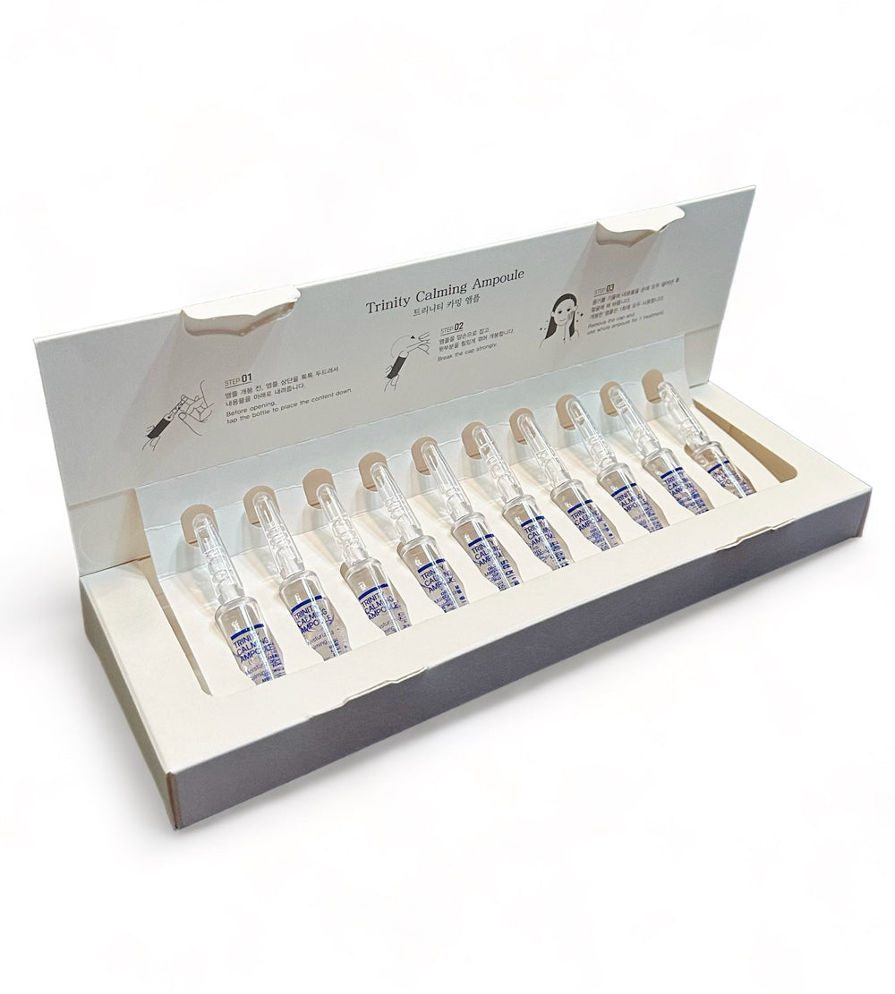 Skinbolic Trinity Calming Ampoule set featuring 10 x 2ml vials for soothing skincare treatment.